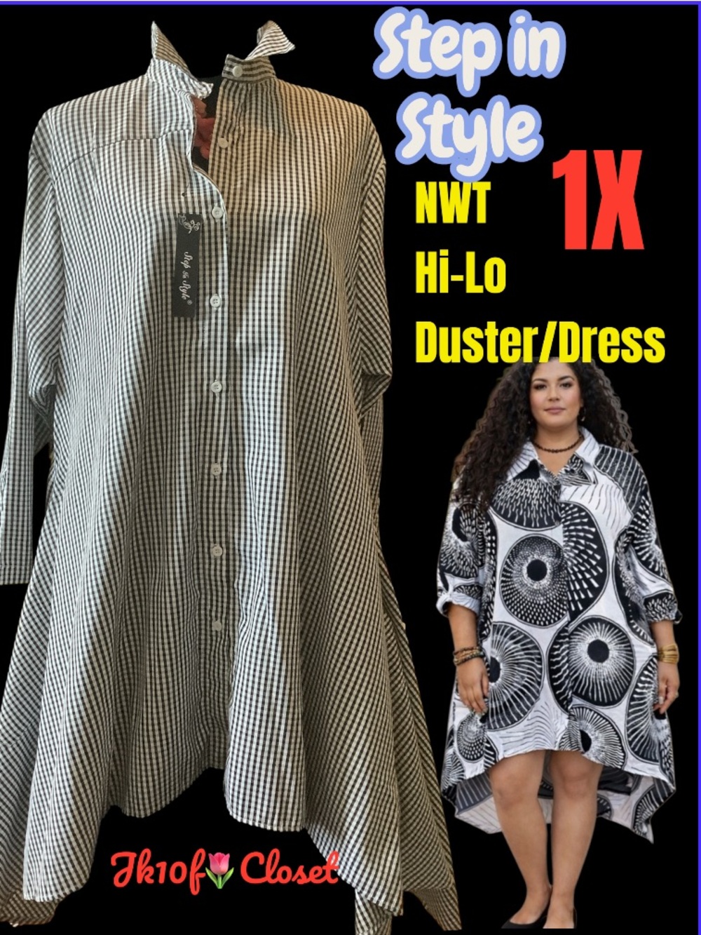 LOWEST🌺 NWT STEP IN STYLE 1X BLACK & WHITE CHECK BUTTON FRONT Hi-Lo DUSTER
